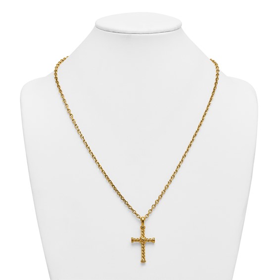 Stainless Steel Polished Yellow IP 24 in w/2 in ext. Twisted Cross Necklace