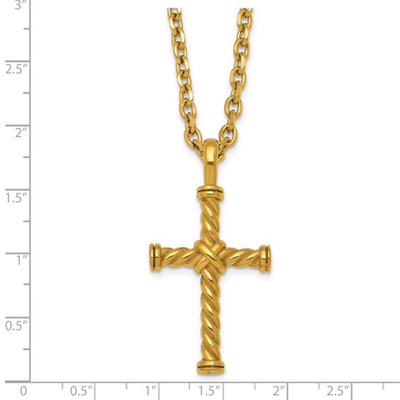 Stainless Steel Polished Yellow IP 24 in w/2 in ext. Twisted Cross Necklace