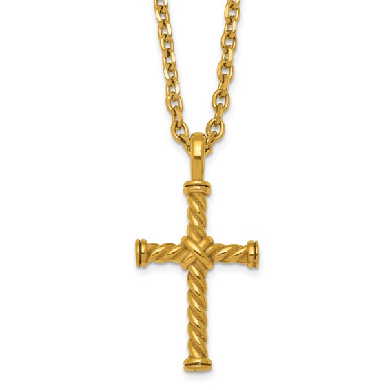 Stainless Steel Polished Yellow IP 24 in w/2 in ext. Twisted Cross Necklace