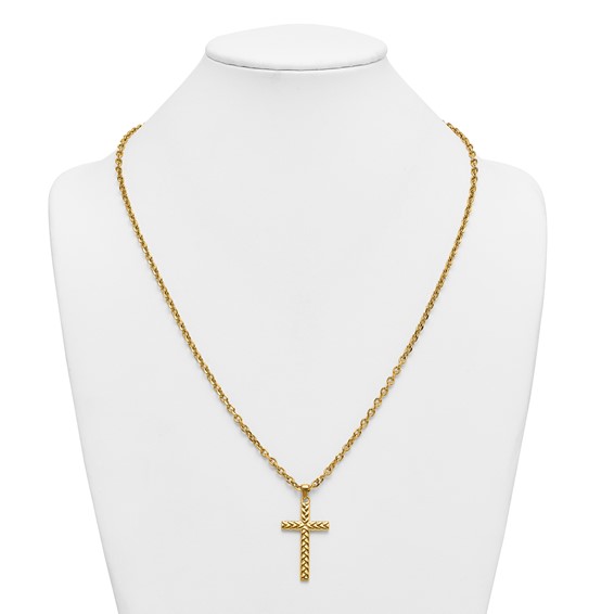 Stainless Steel Polished & Textured Yellow IP 24 in w/2 in ext. Cross Neckl