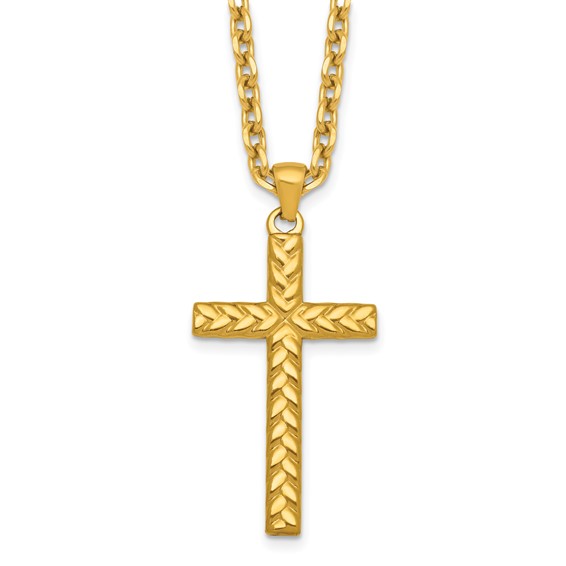 Stainless Steel Polished & Textured Yellow IP 24 in w/2 in ext. Cross Neckl