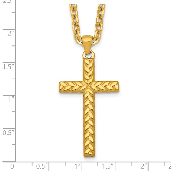 Stainless Steel Polished & Textured Yellow IP 24 in w/2 in ext. Cross Neckl