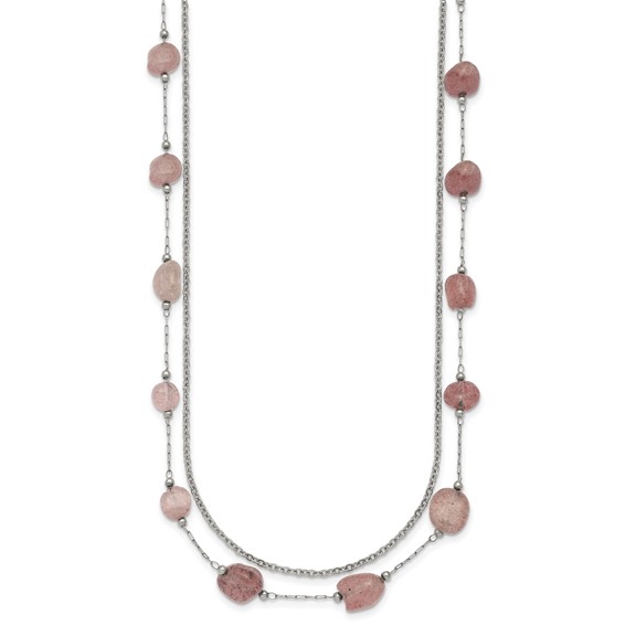 Stainless Steel Polished Strawberry Quartz Layered w/2in ext. Necklace
