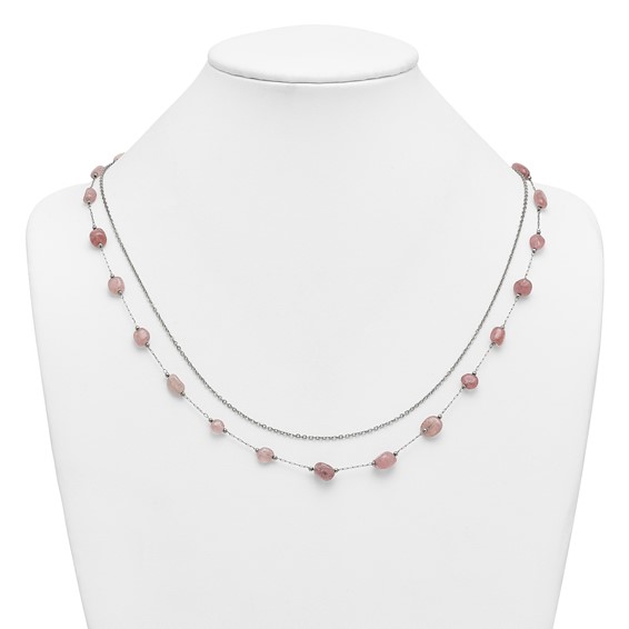 Stainless Steel Polished Strawberry Quartz Layered w/2in ext. Necklace