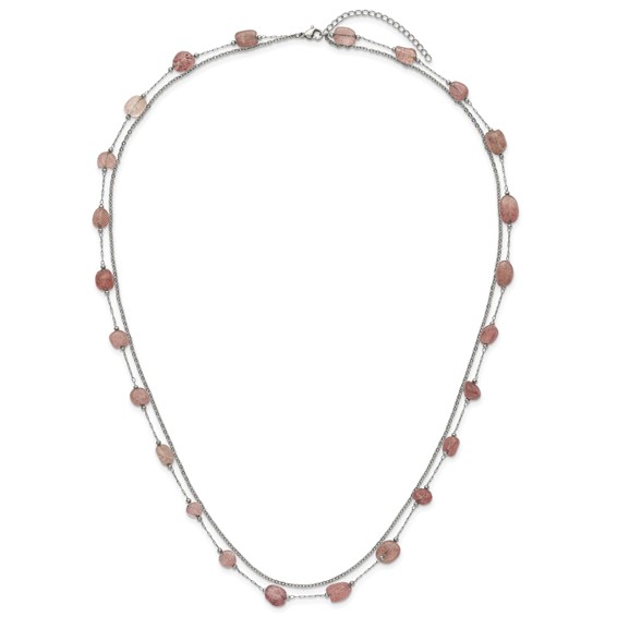 Stainless Steel Polished Strawberry Quartz Layered w/2in ext. Necklace