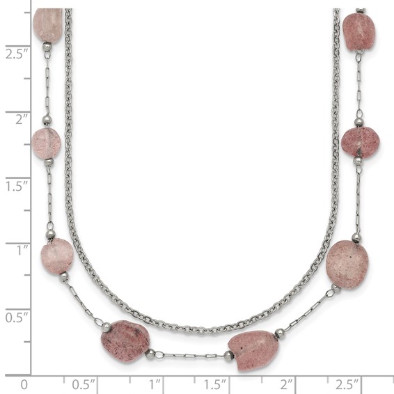 Stainless Steel Polished Strawberry Quartz Layered w/2in ext. Necklace