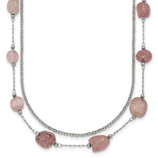Stainless Steel Polished Strawberry Quartz Layered w/2in ext. Necklace
