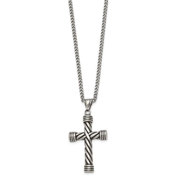 Stainless Steel Polished and Antiqued Weaved Cross 22in Necklace