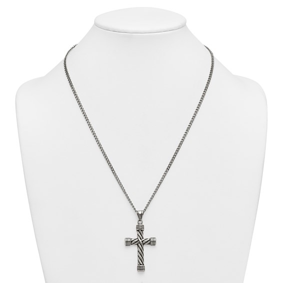 Stainless Steel Polished and Antiqued Weaved Cross 22in Necklace