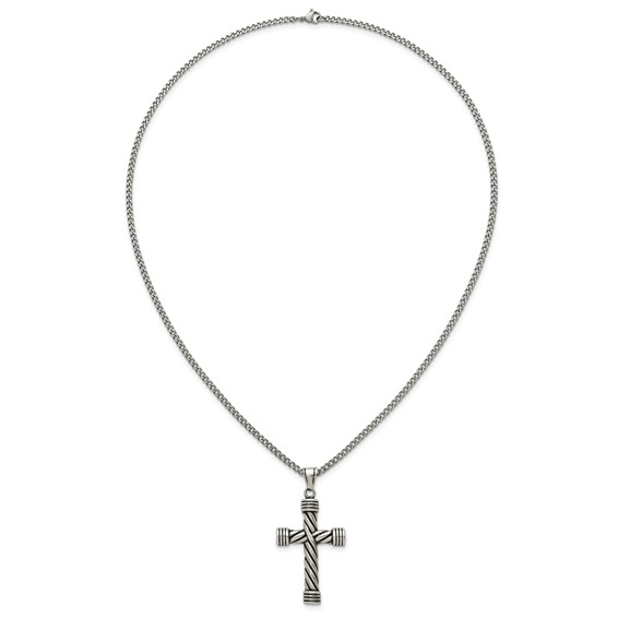 Stainless Steel Polished and Antiqued Weaved Cross 22in Necklace
