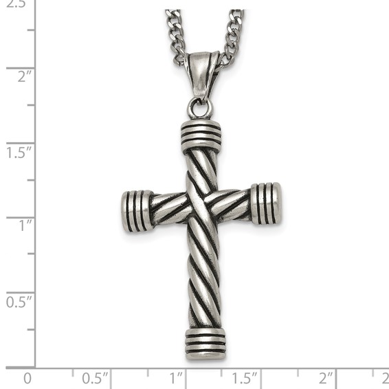 Stainless Steel Polished and Antiqued Weaved Cross 22in Necklace