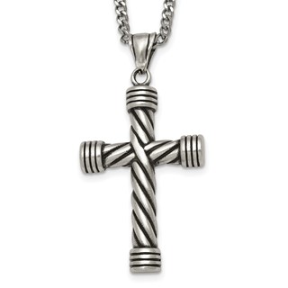 Stainless Steel Polished and Antiqued Weaved Cross 22in Necklace