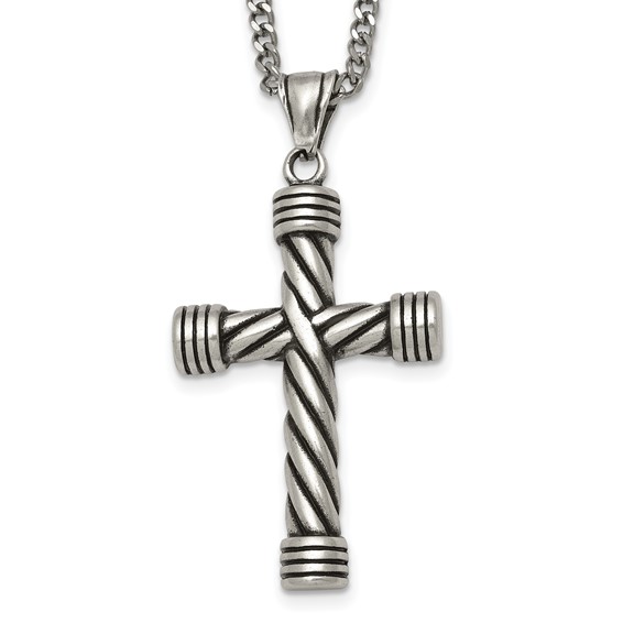 Stainless Steel Polished and Antiqued Weaved Cross 22in Necklace