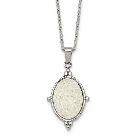 Stainless Steel Polished Oval Druzy 17.75in with 2in Ext Necklace