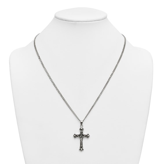 Stainless Steel Polished and Antiqued Budded Crucifix 22in Necklace