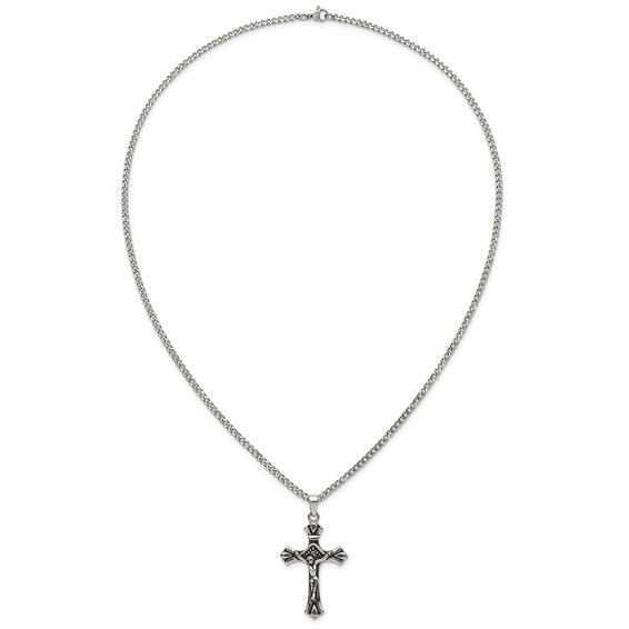 Stainless Steel Polished and Antiqued Budded Crucifix 22in Necklace