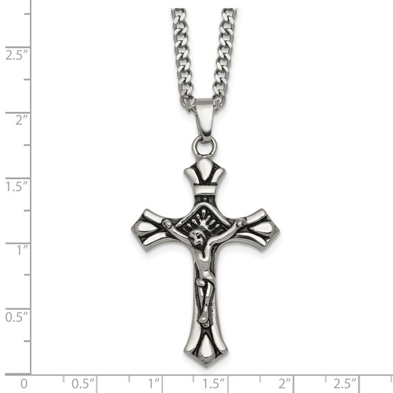 Stainless Steel Polished and Antiqued Budded Crucifix 22in Necklace