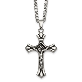 Stainless Steel Polished and Antiqued Budded Crucifix 22in Necklace