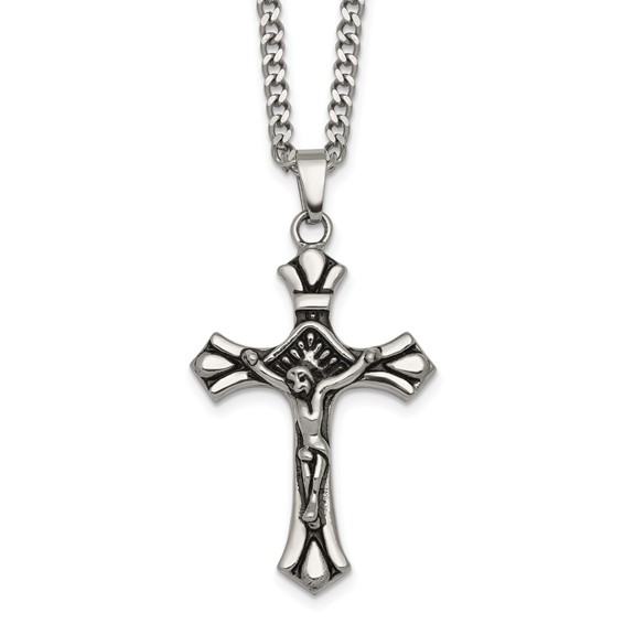 Stainless Steel Polished and Antiqued Budded Crucifix 22in Necklace