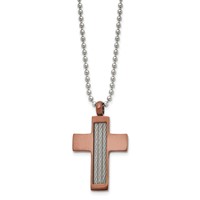 Chisel Stainless Steel Brushed Brown IP-plated Necklace with Cable Inlay Cross Pendant on a Ball Chain, 24" view 3