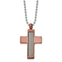 Chisel Stainless Steel Brushed Brown IP-plated Necklace with Cable Inlay Cross Pendant on a Ball Chain, 24" view 1