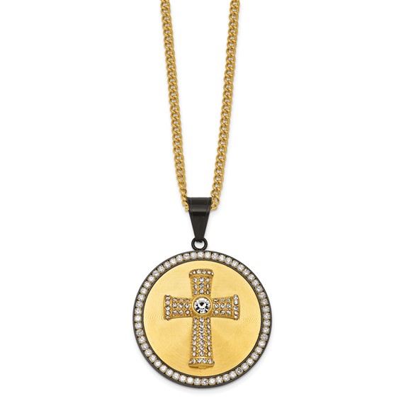 Stainless Steel Polished Yellow IP-plated Crystal Cross 24in Necklace