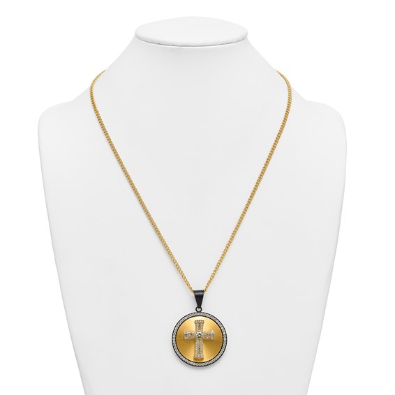 Stainless Steel Polished Yellow IP-plated Crystal Cross 24in Necklace