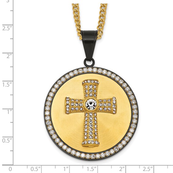 Stainless Steel Polished Yellow IP-plated Crystal Cross 24in Necklace