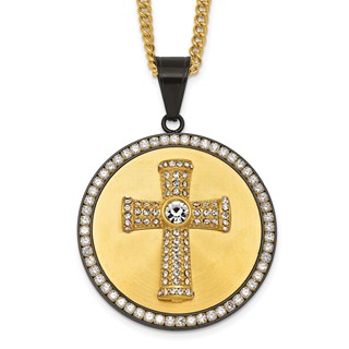 Stainless Steel Polished Yellow IP-plated Crystal Cross 24in Necklace