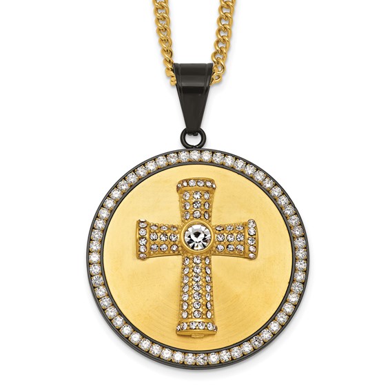 Stainless Steel Polished Yellow IP-plated Crystal Cross 24in Necklace