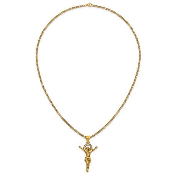 Stainless Steel Polished Yellow IP-plated Crystal Crucifix 24in Necklace