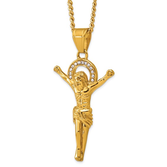 Stainless Steel Polished Yellow IP-plated Crystal Crucifix 24in Necklace
