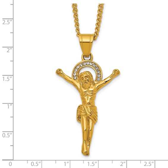 Stainless Steel Polished Yellow IP-plated Crystal Crucifix 24in Necklace