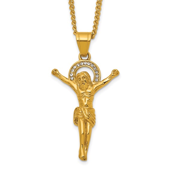 Stainless Steel Polished Yellow IP-plated Crystal Crucifix 24in Necklace