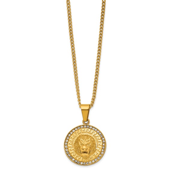 Stainless Steel Polished Yellow IP-plated Crystal Lion 24in Necklace