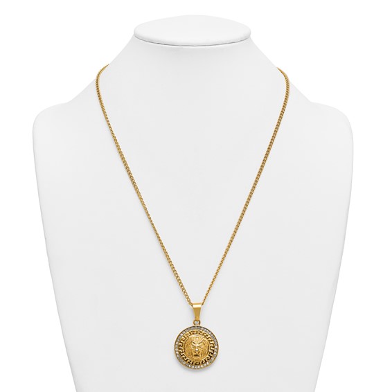 Stainless Steel Polished Yellow IP-plated Crystal Lion 24in Necklace