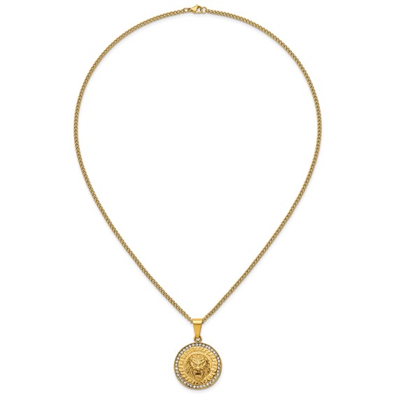 Stainless Steel Polished Yellow IP-plated Crystal Lion 24in Necklace