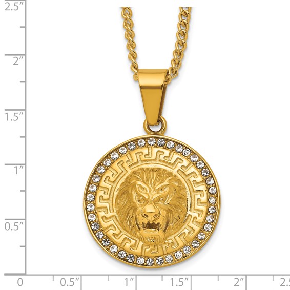 Stainless Steel Polished Yellow IP-plated Crystal Lion 24in Necklace