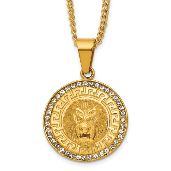 Stainless Steel Polished Yellow IP-plated Crystal Lion 24in Necklace