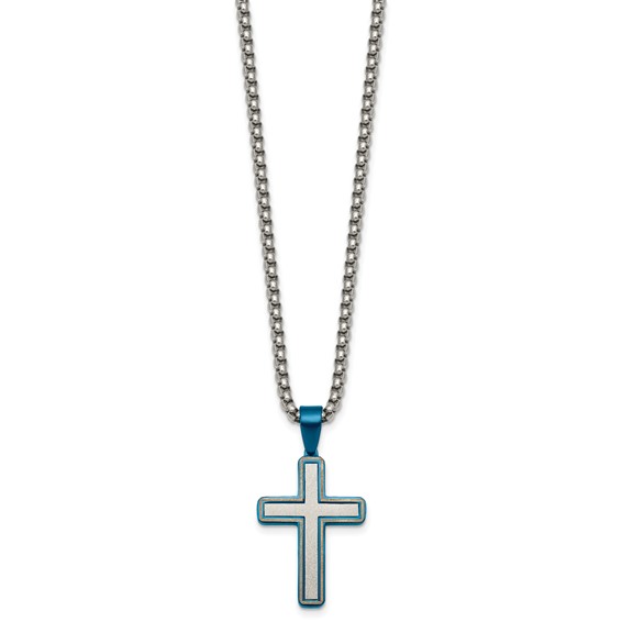 Stainless Steel Brushed and Polished w/Blue IP-plated Cross 24in Necklace