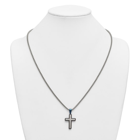 Stainless Steel Brushed and Polished w/Blue IP-plated Cross 24in Necklace