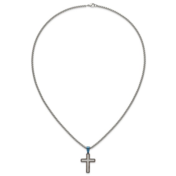 Stainless Steel Brushed and Polished w/Blue IP-plated Cross 24in Necklace
