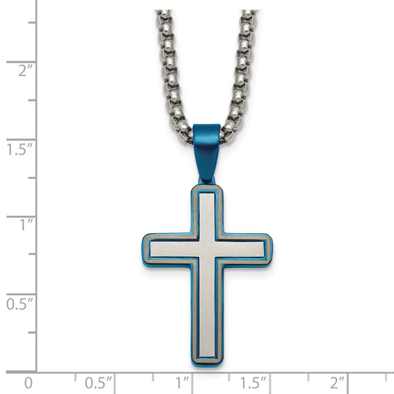 Stainless Steel Brushed and Polished w/Blue IP-plated Cross 24in Necklace