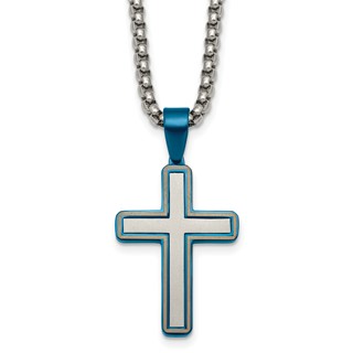 Stainless Steel Brushed and Polished w/Blue IP-plated Cross 24in Necklace