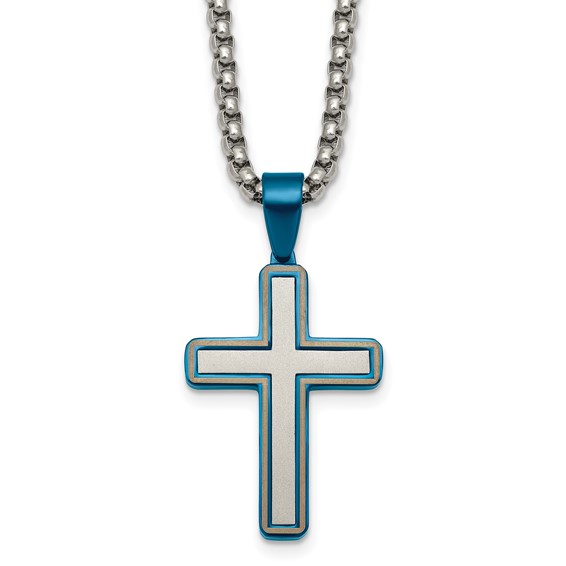 Stainless Steel Brushed and Polished w/Blue IP-plated Cross 24in Necklace