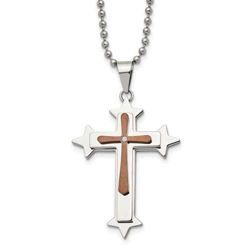 Chisel Stainless Steel Polished Brown IP-plated Diamond Accent Cross Pendant on a Ball Chain Necklace, 24"