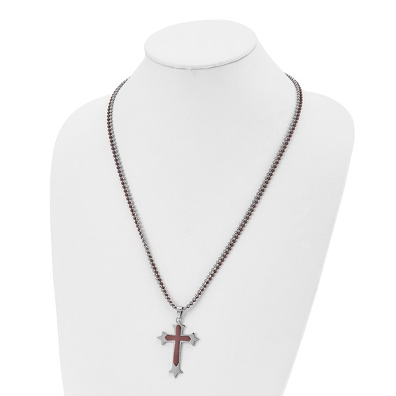 Chisel Stainless Steel Polished Brown IP-plated Cross Pendant on 24 inch Double Ball Chain Necklace