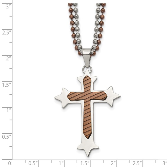 Chisel Stainless Steel Polished Brown IP-plated Cross Pendant on 24 inch Double Ball Chain Necklace