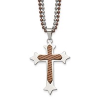 Chisel Stainless Steel Polished Brown IP-plated Cross Pendant on Double Ball Chain Necklace, 24" view 1