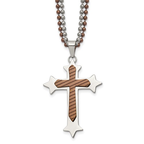 Chisel Stainless Steel Polished Brown IP-plated Cross Pendant on Double Ball Chain Necklace, 24"